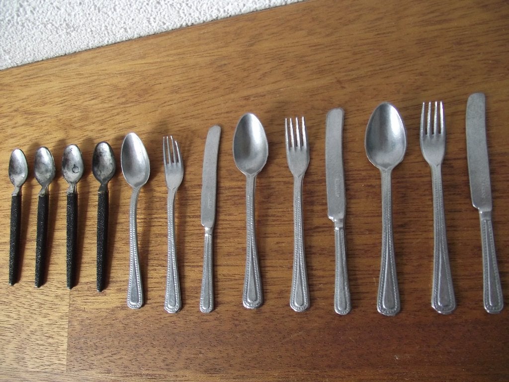 13 vintage speelgoed bestek kinder zilverwerk 10 cm 1960 p s, Ophalen of Verzenden