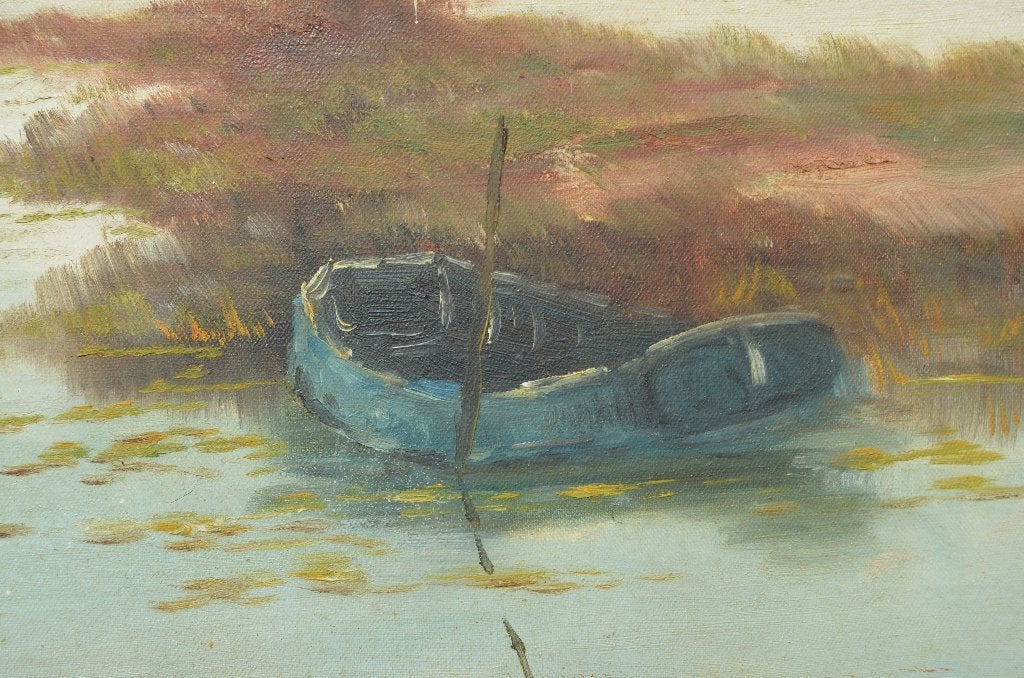 Nog een bootje in rivierlandschap, gesigneerd, Ophalen of Verzenden, Klassiek, Olieverf, Landschap