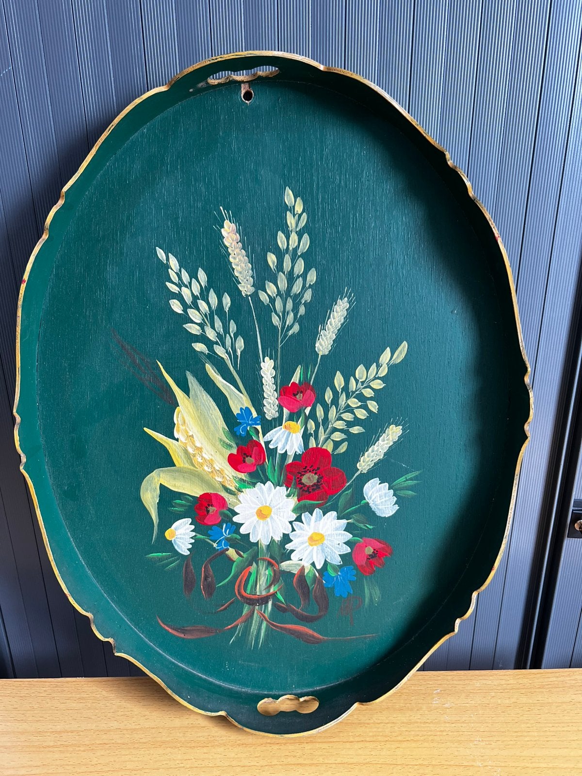 Handbeschilderd houten dienblad / wandbord met bloemen, Antiek en Kunst, Ophalen of Verzenden