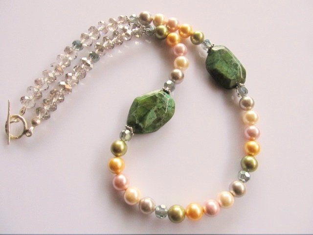 Ketting Diamond Pastel jaspis-shellparels-kristalglas zilver, Ophalen, Met edelsteen, Nieuw, Groen