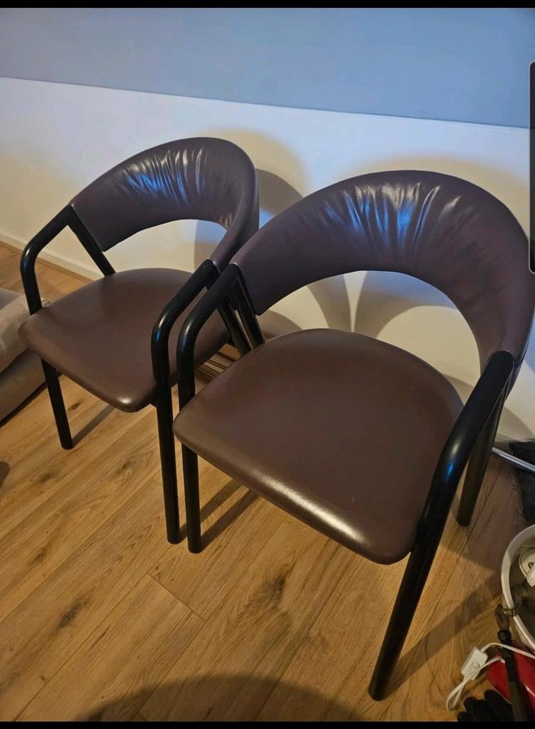 3 eetkamerstoelen van metaal, Huis en Inrichting, Stoelen, Gebruikt, Twee, Leer, Metaal, Bruin, Ophalen