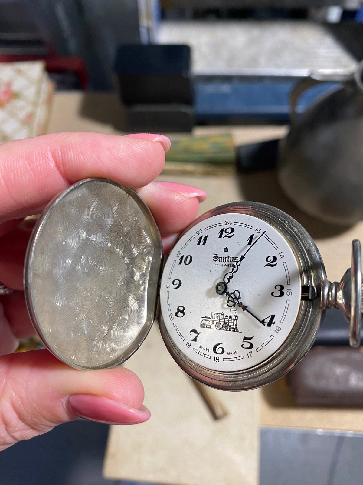 Zakhorloge met afbeelding trein, Ophalen of Verzenden, Staal, Zakhorloge, Overige merken