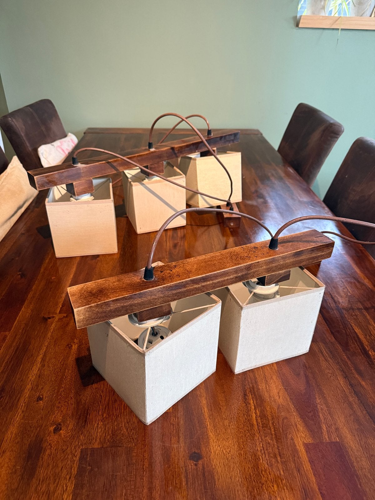 Set van 2 rustieke plafondlampen met E27 fitting, Ophalen, Gebruikt, Hout, E27 (groot)