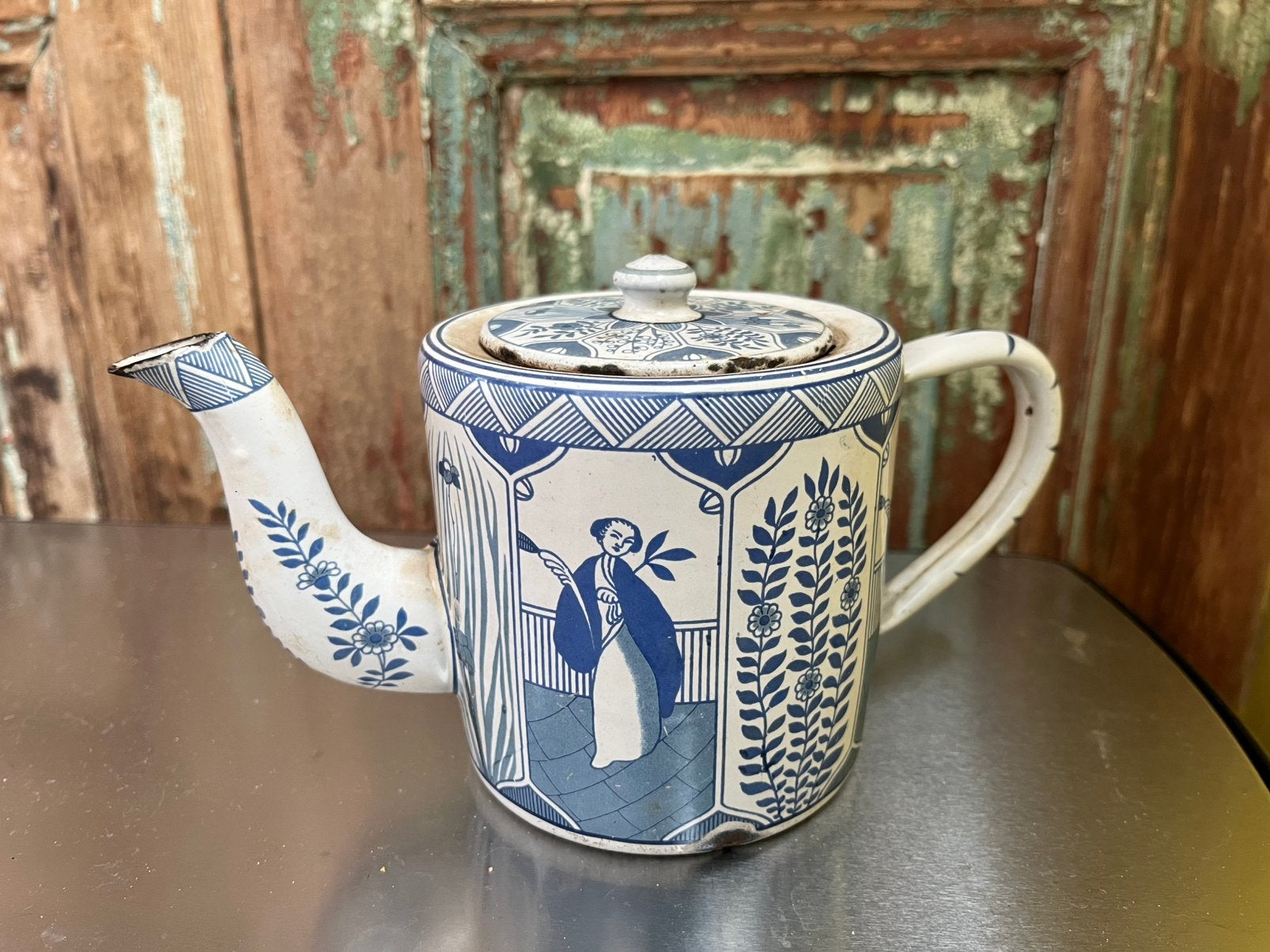 Prachtig oud emaille theepotje, Antiek en Kunst, Curiosa en Brocante, Ophalen of Verzenden