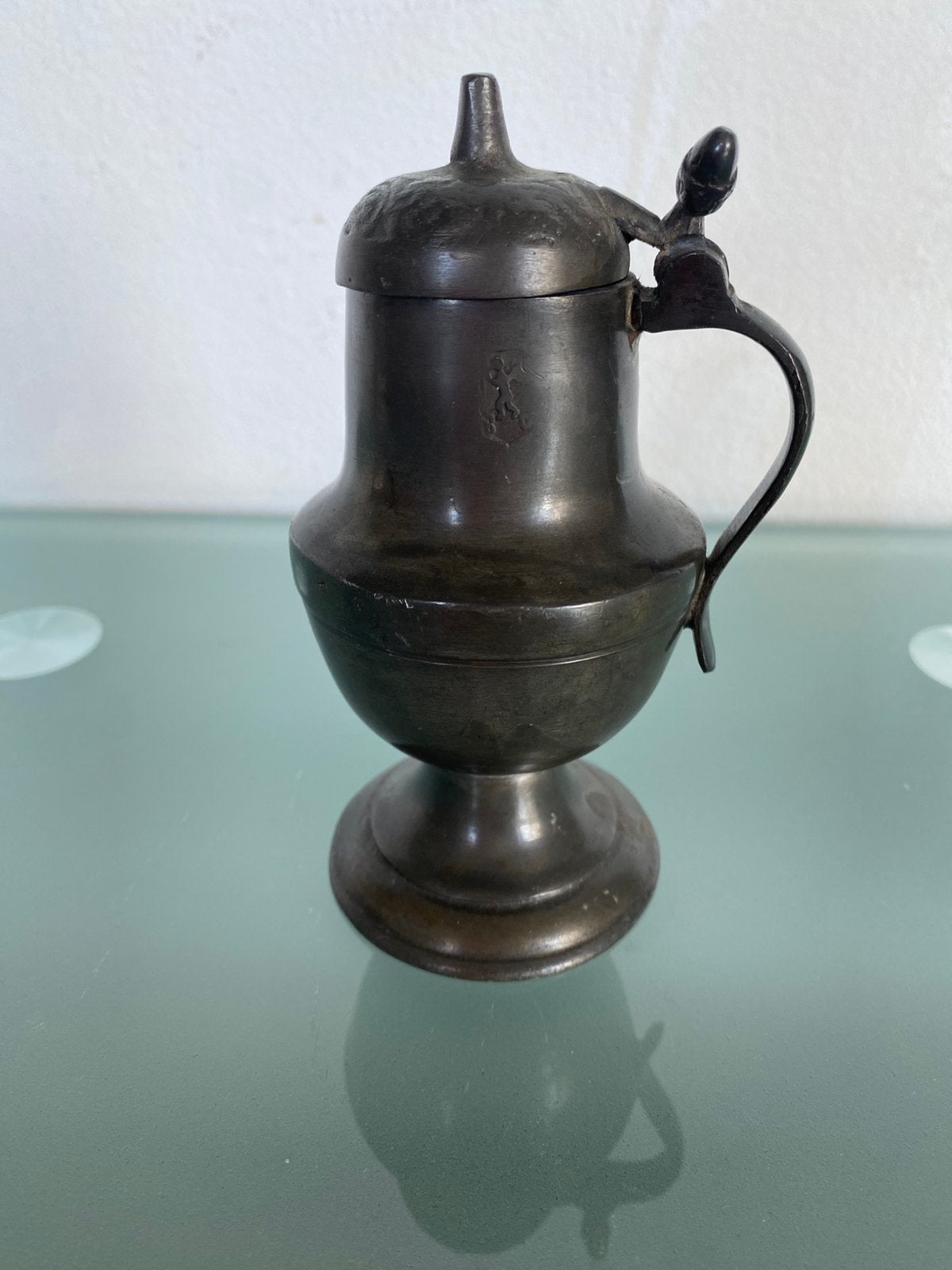 KLEINE, ANTIEKE TINNEN EIKELTJESKAN (12cm)., Ophalen of Verzenden