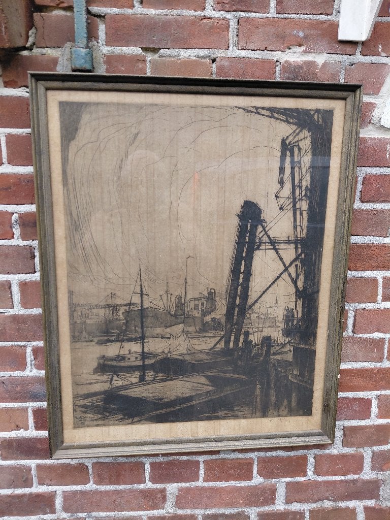 Antieke ets, havengezicht V.A.V.O., gedateerd 1924., Ophalen, Ets, 56 cm, 70 cm