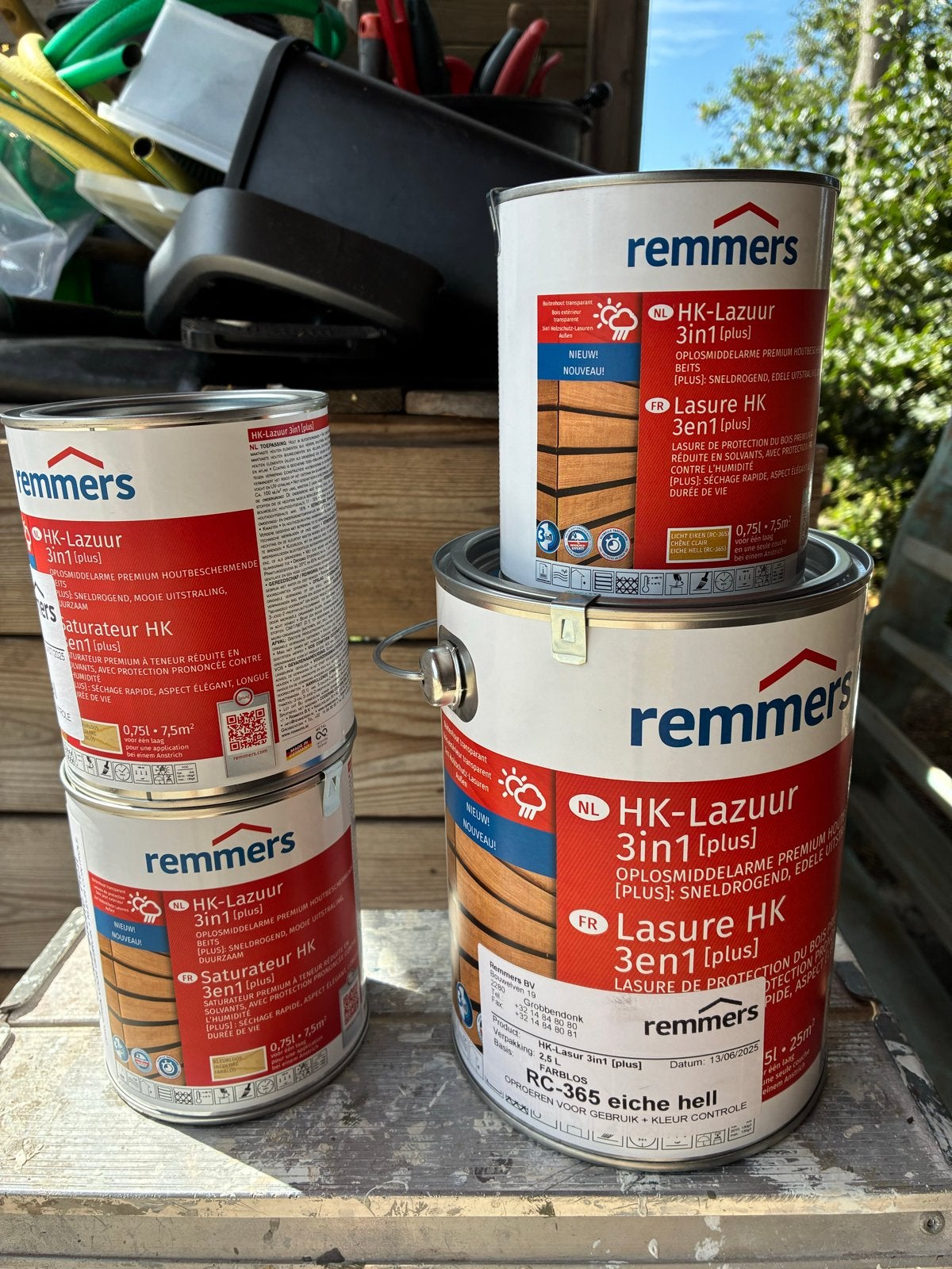 Remmers HK-Lazuur 3in1 Plus Eiche Hell (3x 0.75L, 1x 5L), Doe-het-zelf en Verbouw, Verf, Beits en Lak, Bruin, 5 tot 10 liter, Nieuw