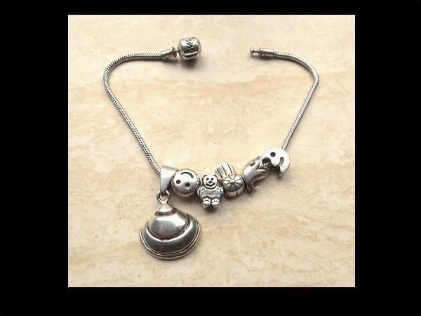 Bijzonder Zilveren Armband KIDS SIM met 5 hangertjes!, Sieraden, Tassen en Uiterlijk, Antieke sieraden, Verzenden, Zilver, Armband