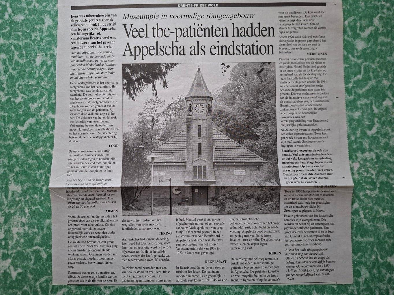 krantenknipsel Sanatorium Beatrixoord te Appelscha., Ophalen of Verzenden, 1980 tot heden, Nederland, Knipsel(s)