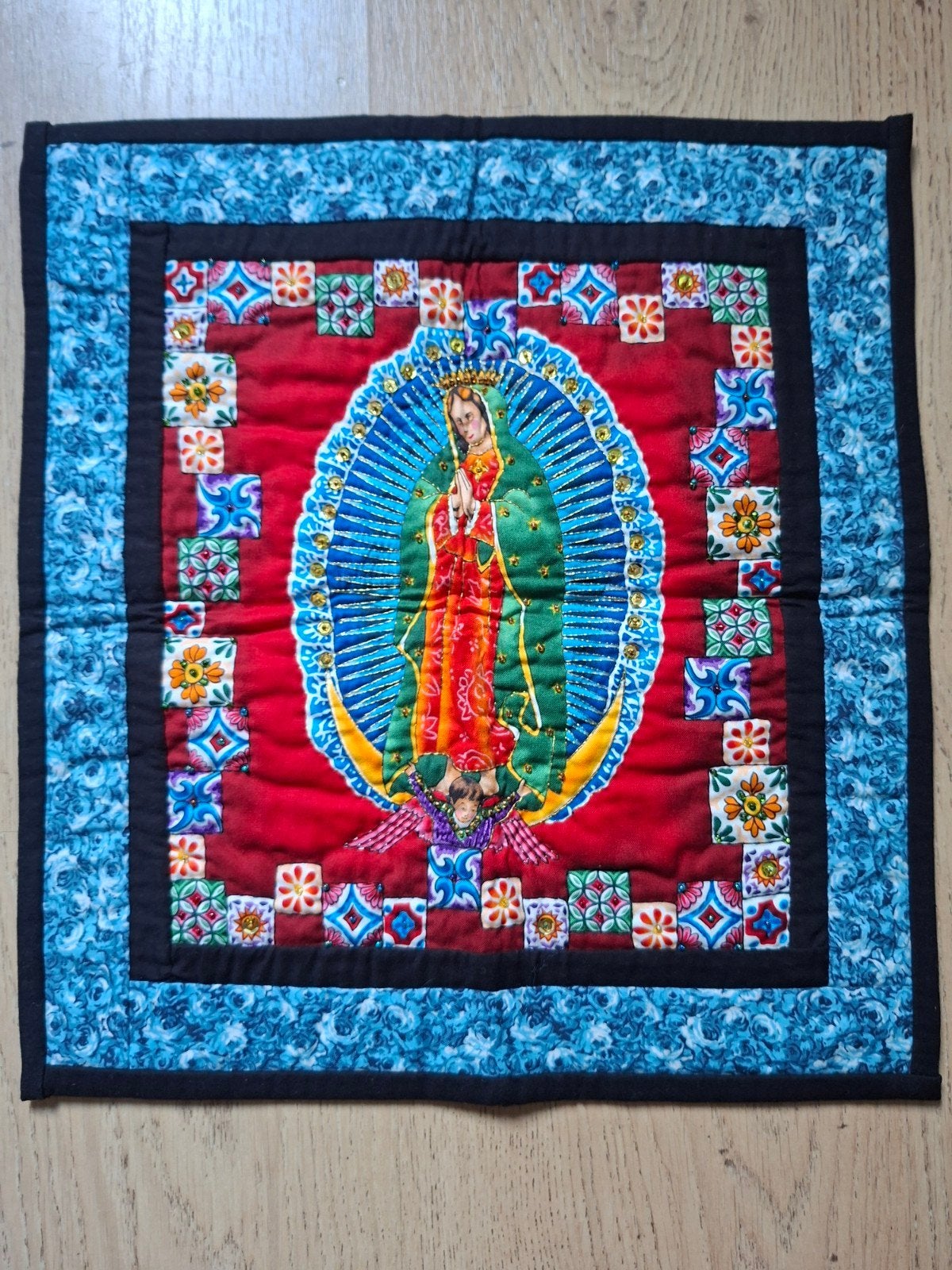 Handgemaakte Quilt met Maria, kraaltjes en pailletten, Ophalen of Verzenden