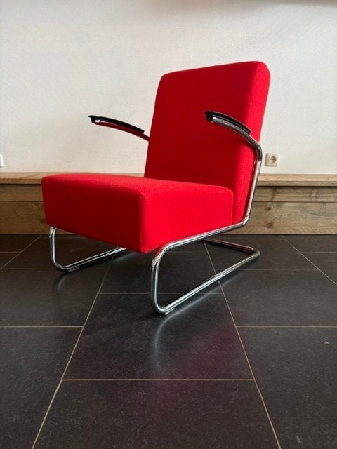 Gispen 405 fauteuil, chroom, Hallingdal , heder rood, Huis en Inrichting, Design, 75 tot 100 cm, Zo goed als nieuw, Stof