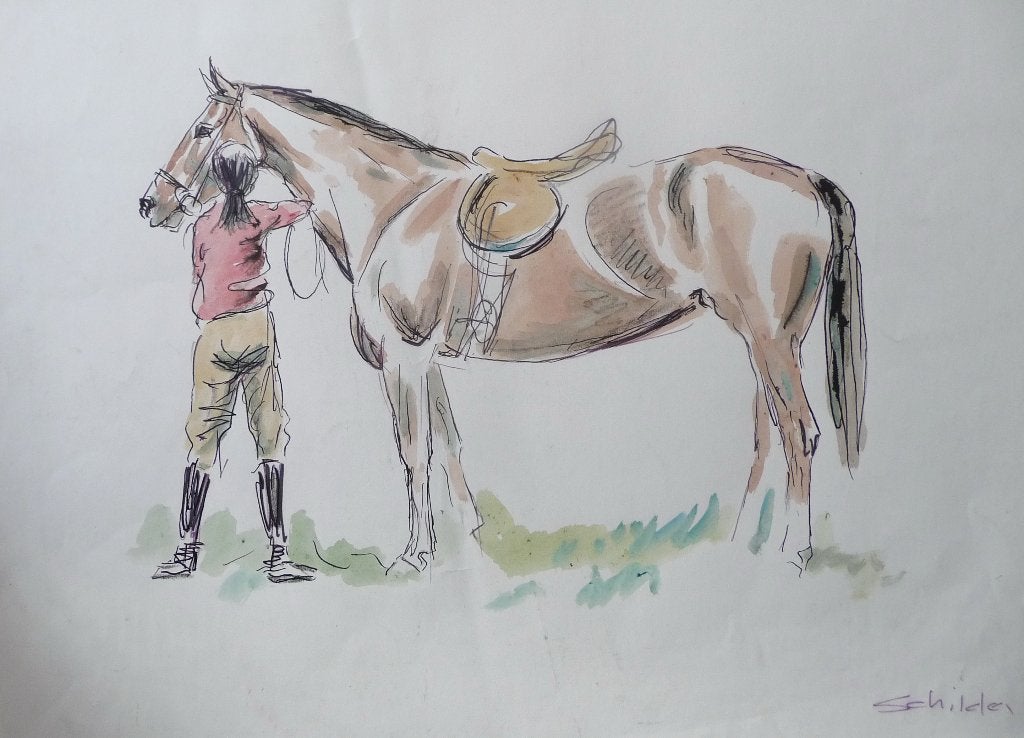 schilderij "Meisje met paard", Ophalen of Verzenden, Klassiek, Gemengde techniek, Dieren
