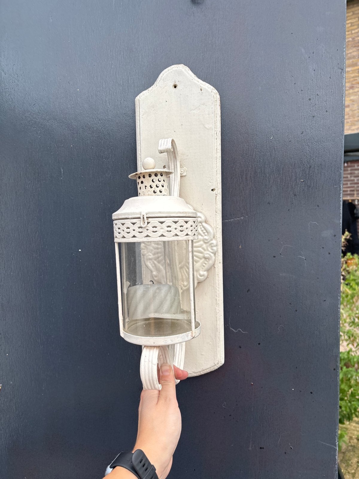 Witte wandlantaarn / windlicht voor binnen of buiten, Huis en Inrichting, Gebruikt, Lantaarn, Wit, Ophalen of Verzenden