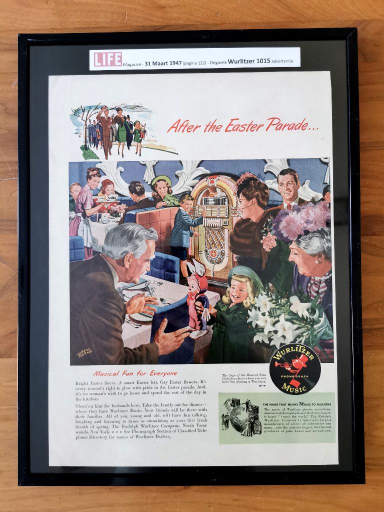 Originele Wurlitzer 1015 advertentie - 31 maart 1947, Verzamelen, Automaten | Jukeboxen, Ophalen of Verzenden, Zo goed als nieuw