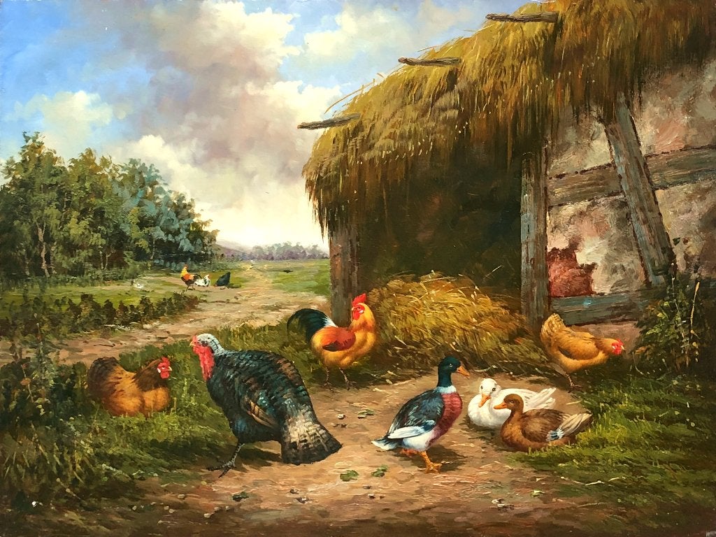 Schilderij paneel 'Kalkoen, haan met kippen en eenden bij..', Ophalen of Verzenden