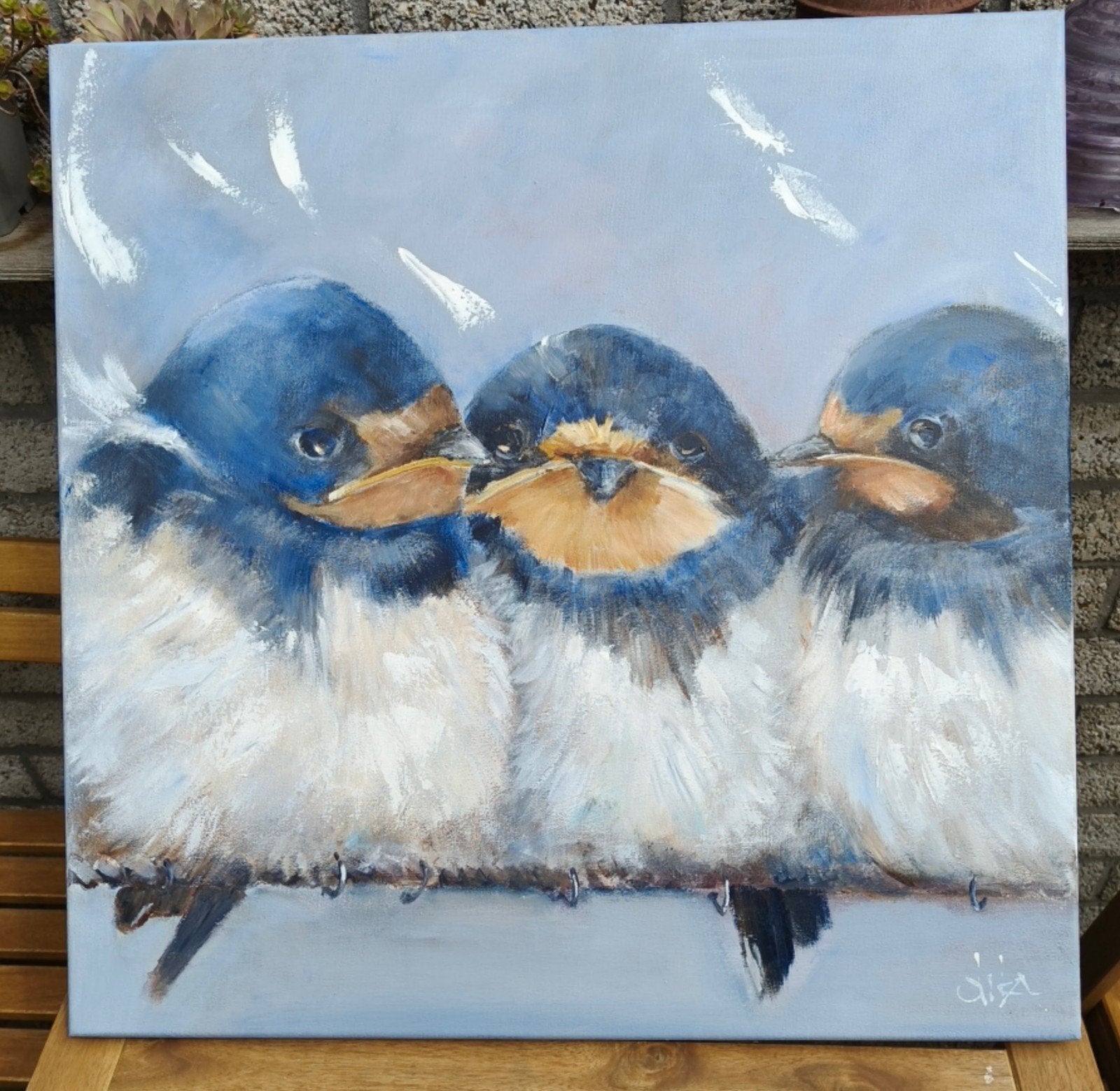 Schilderij met mussen, uniek. Landelijk, met warme kleuren, Ophalen, Schilderij