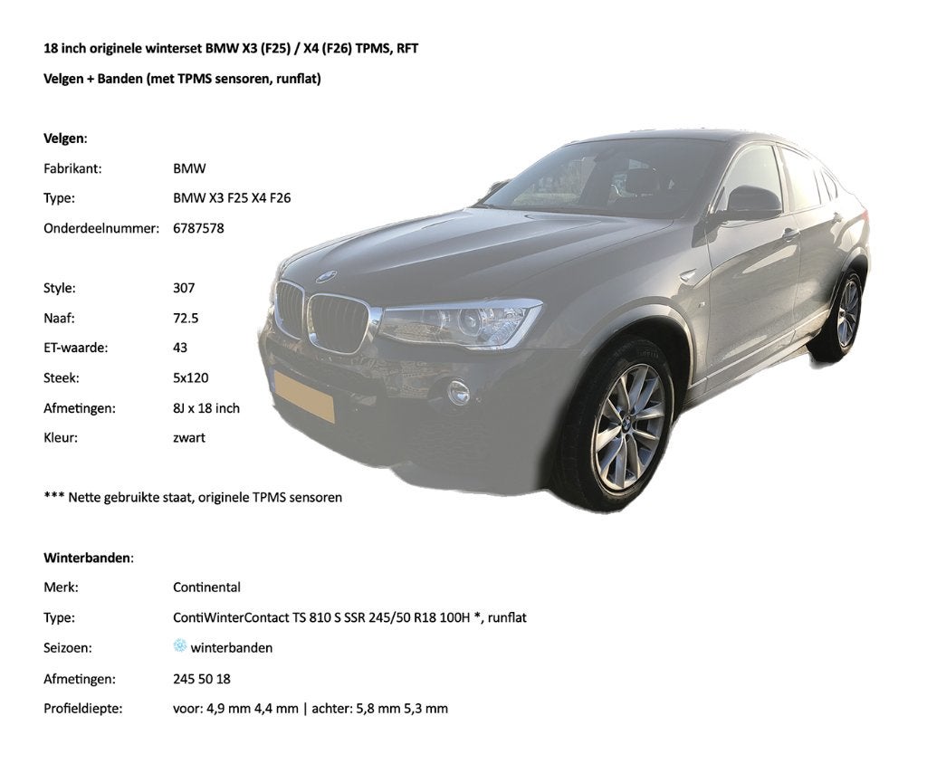 18 inch originele winterset BMW X3(F25) / X4(F26), TPMS, RFT, Auto-onderdelen, 18 inch, Velg(en), Personenwagen, Gebruikt