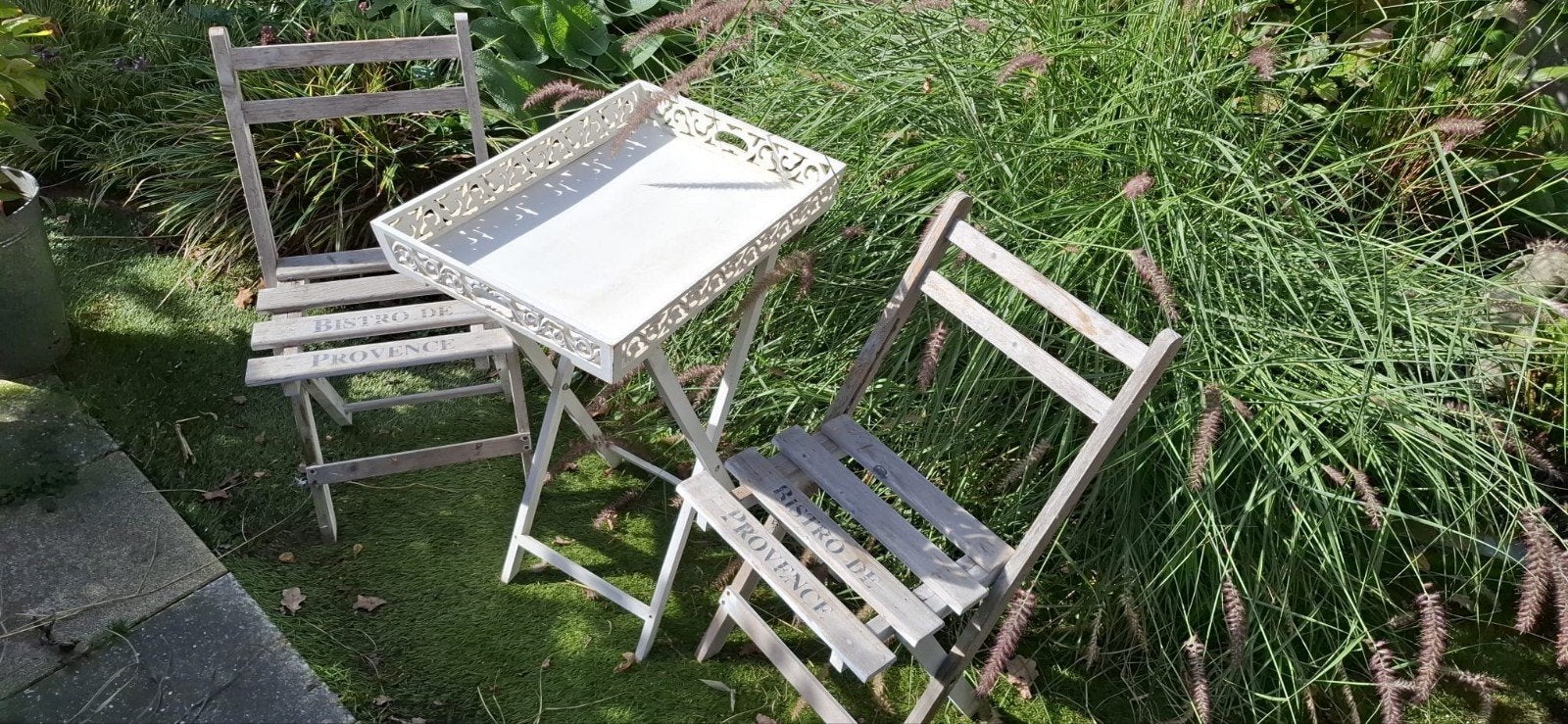 Brocante bistro bistrosetje tuinset tafeltje + 2 stoeltjes, Ophalen, Gebruikt, Rechthoekig, Hout