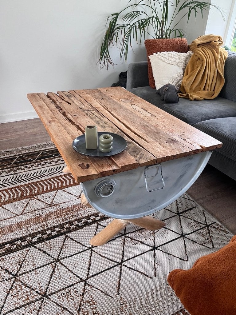 Unieke salontafel van olievat, Ophalen, Gebruikt, 100 tot 150 cm, 50 tot 100 cm