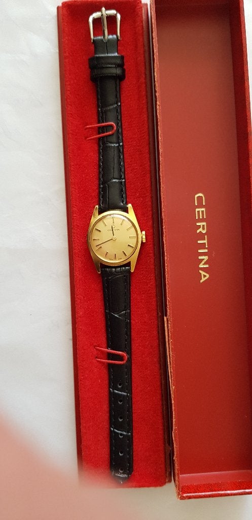 Certina Polshorloge - Vintage Gouden Horloge met Zwarte Band, Overige merken, Met bandje, Polshorloge, Goud