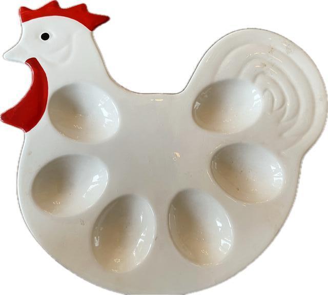 Vintage schaal Pasen. Witte eierschaal haan / kip. Wit rood., Ophalen