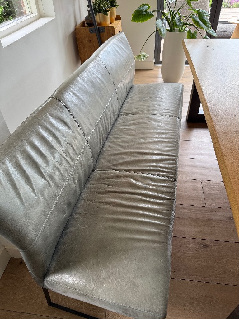 Groen lederen zitbankje 180 cm, Huis en Inrichting, Banken | Voetenbanken en Poefen, Ophalen, Gebruikt, 125 cm of meer, Leer