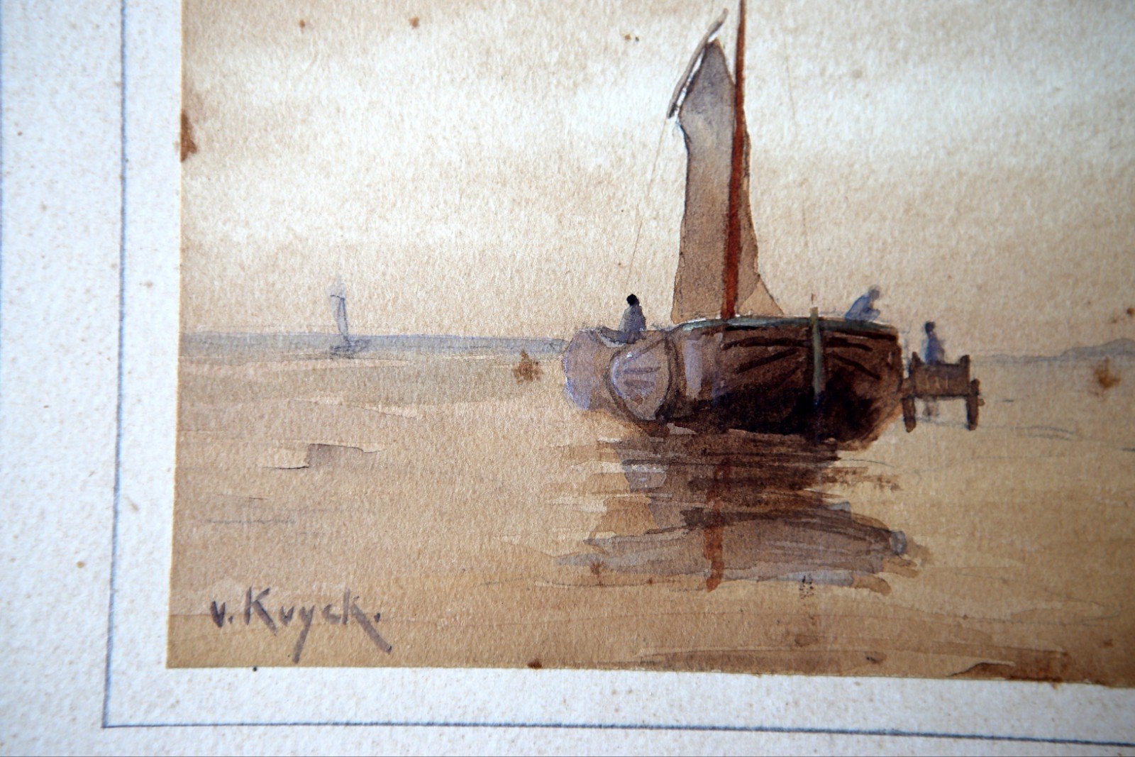 Originele sepia aquarel maritiem – v. Kuyck, Ophalen of Verzenden