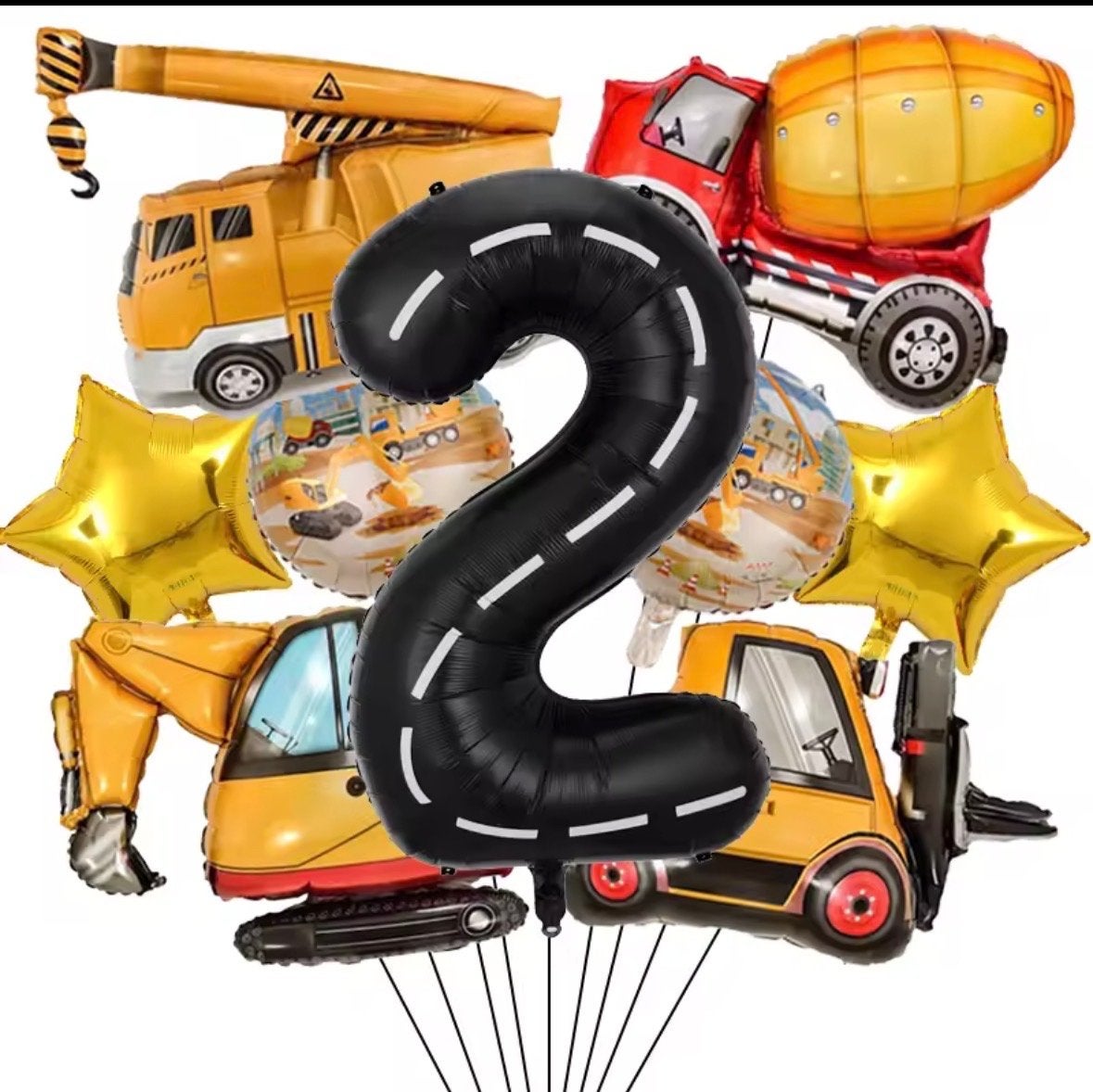 Verjaardagsballonnen Set - Bouwvoertuigen & Cijfer 2, Hobby en Vrije tijd, Feestartikelen, Ophalen, Nieuw, Versiering, Verjaardag
