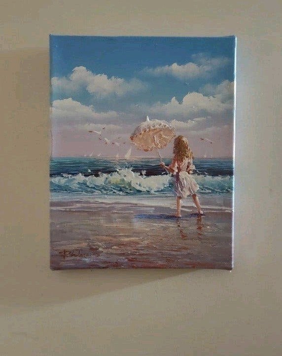 Olieverf schilderij meisje bij strand zee kust - P. Watkins, Ophalen of Verzenden, Gesigneerd, Landschap