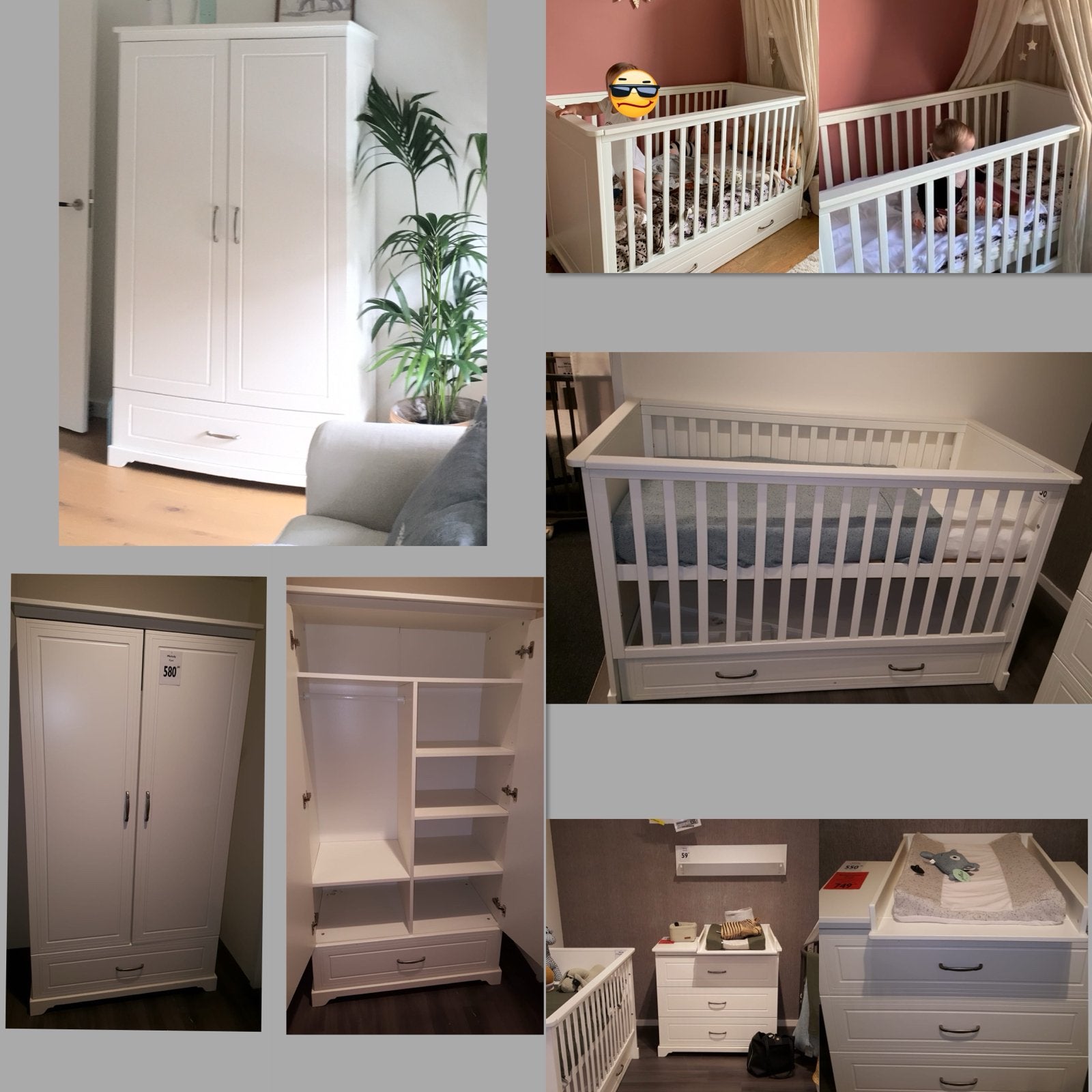 Complete Babykamer: Ledikant, Commode en Kledingkast., Ophalen, Verstelbaar, Eenpersoons, Wit