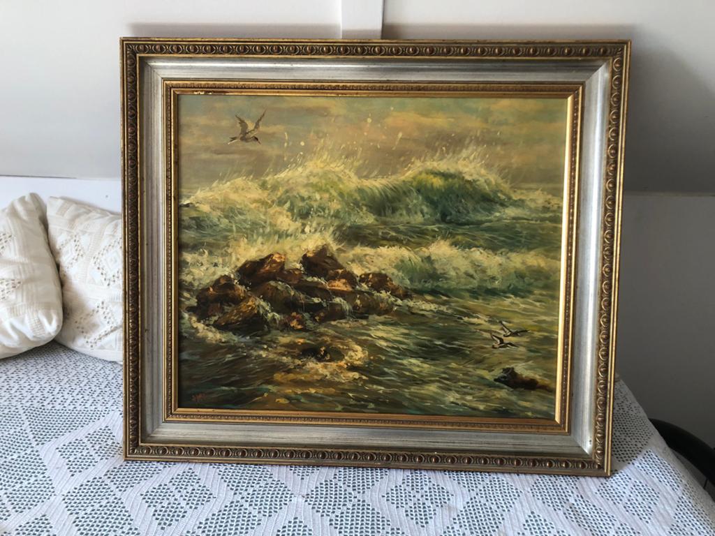 Olieverfschilderij J.W. vanTrirum - Golven en Zeegezicht, Ophalen of Verzenden