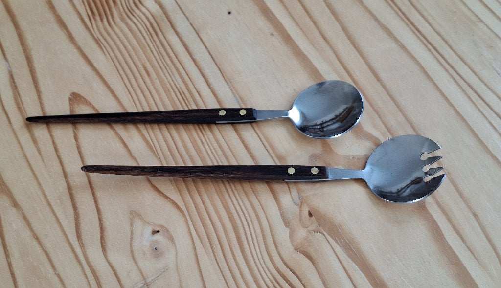 VINTAGE SALADEBESTEK MET RVS, Ophalen of Verzenden, Zo goed als nieuw, Rvs of Chroom