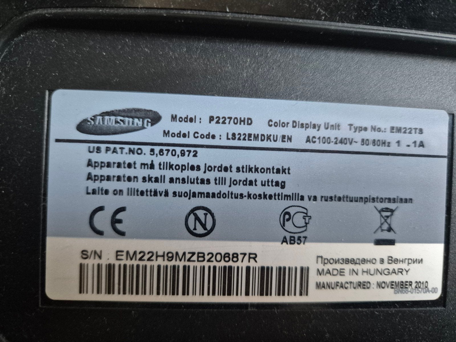 Samsung SyncMaster P2270HD Monitor - 21.5 inch, Ophalen