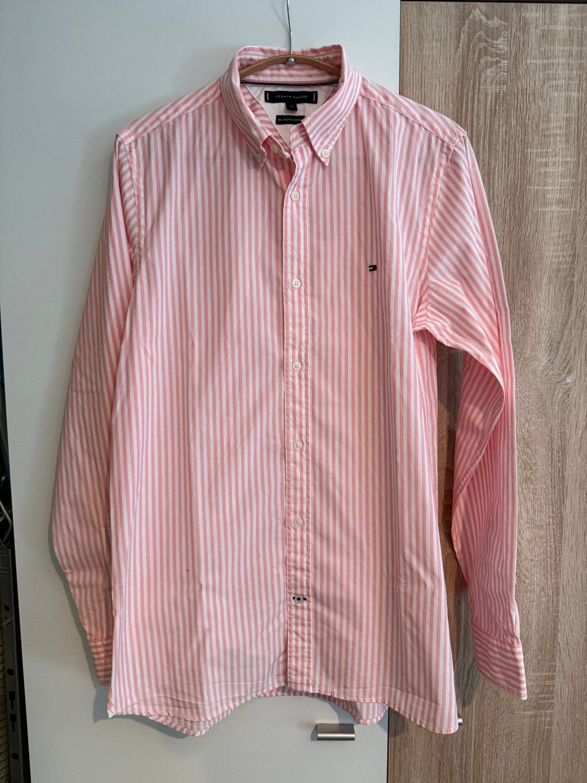 Tommy Hilfiger overhemd roze/wit gestreept maat M, Verzenden, Zo goed als nieuw, Roze, Halswijdte 39/40 (M)