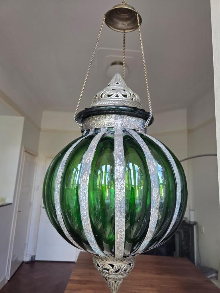 Twee Arabische lantaarns groen glas, Huis en Inrichting, Lampen | Hanglampen, Ophalen, Arabisch, sfeervol, Gebruikt, 50 tot 75 cm