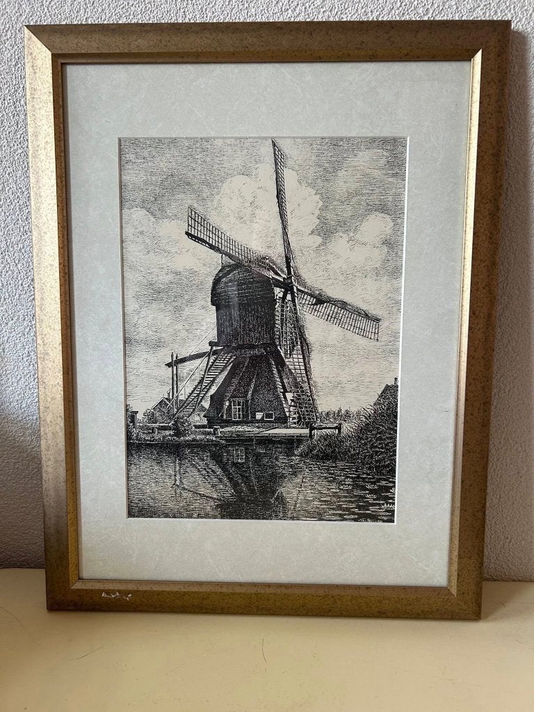 Originele ets oer-Hollandse molen in lijst - 35x45 cm, Ingelijst, Ets, 35 cm, Ophalen of Verzenden