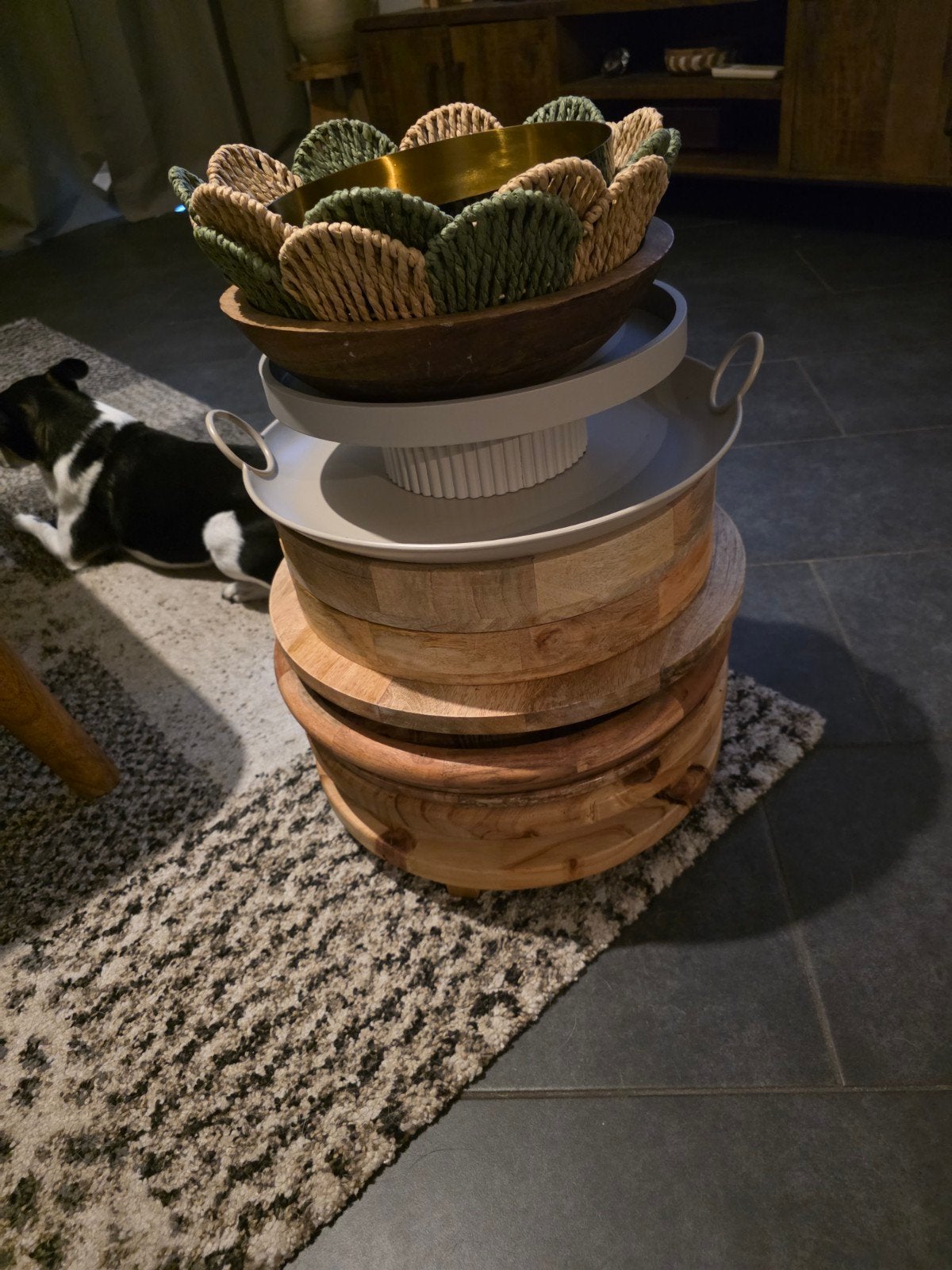 Grote set houten plateau’s, schalen, fruitmanden & decor l, Ophalen, Zo goed als nieuw, Rechthoekig, Hout