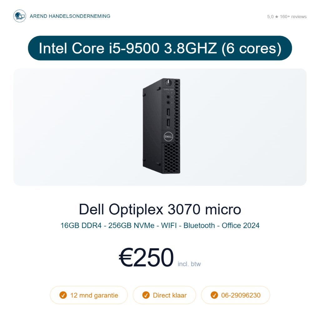 Dell Optiplex 3070 i5-9500T 3.7GHz 16GB 256GB NVMe Office 24, Computers en Software, Desktop Pc's, 256 GB, Dell, ., Ophalen of Verzenden