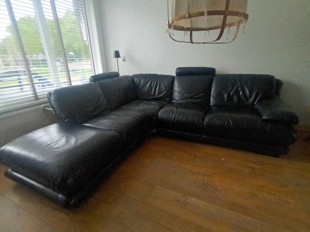 Hoekbank zwartleer Chateau d'ax 2.20 x 2.40 meter, Hoekbank, Ophalen of Verzenden, Zo goed als nieuw, Leer