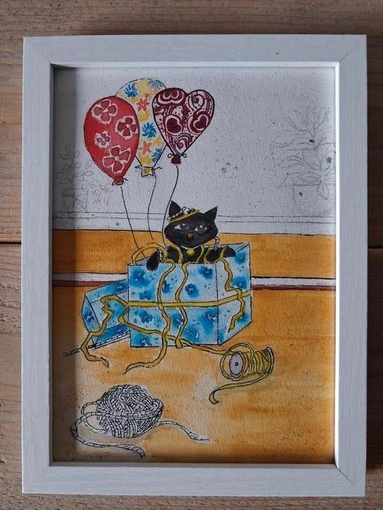 Aquarel schilderij: Kat met cadeaus en ballonnen, Antiek en Kunst, Kunst | Tekeningen en Foto's, Ophalen of Verzenden