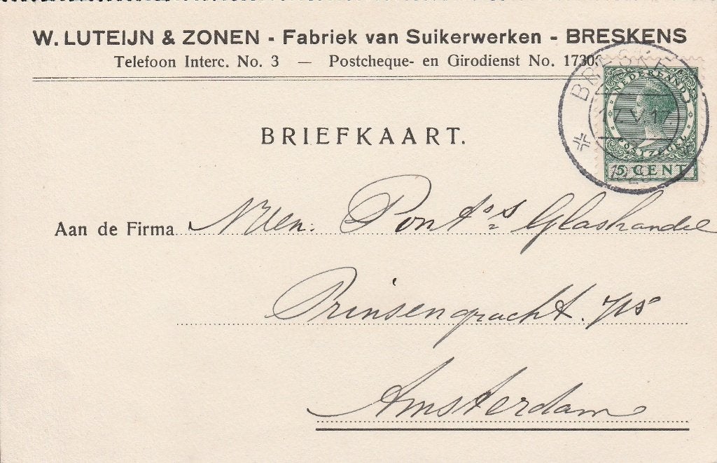 BRESKENS 1929 W. LUTEIJN & Zonen Fabriek van Suikerwerken, Verzamelen, Ophalen of Verzenden, 1920 tot 1940, Gelopen, Zeeland