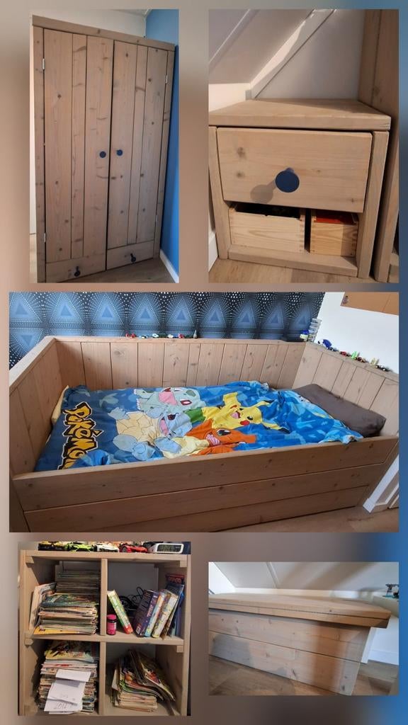 Kinderkamer steigerhout compleet met bed, kledingkast etc., Ophalen, Zo goed als nieuw, Eenpersoons