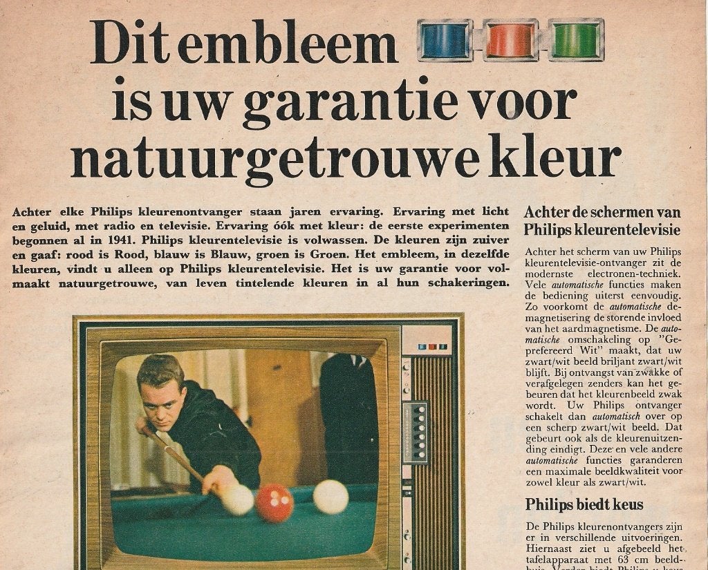 retro reclame 1968 Philips TV met biljart in juiste kleuren, Verzenden, Overige typen