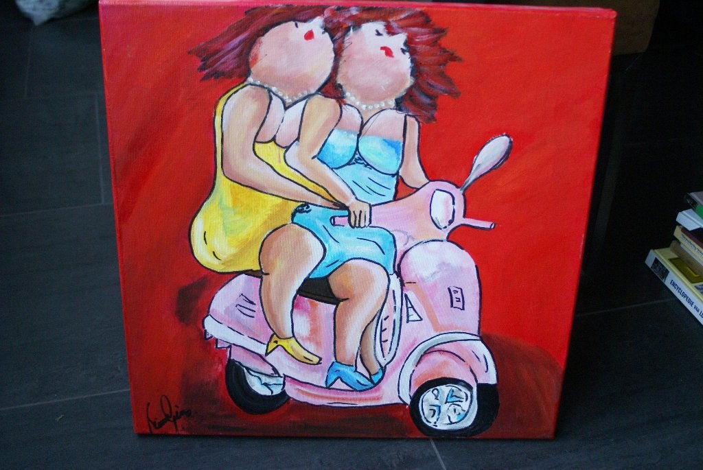 Dikke dames schilderij....... 'Scooterbabes", Ophalen of Verzenden, Zo goed als nieuw, 50 tot 75 cm, Schilderij