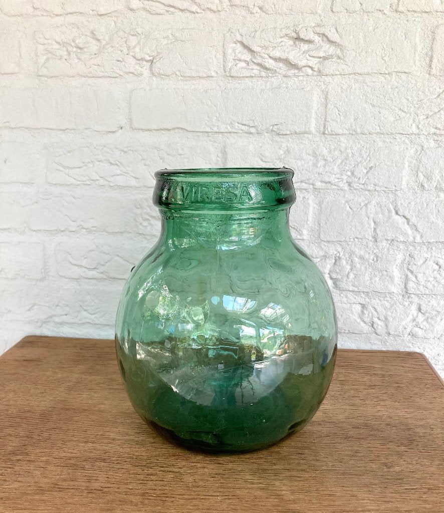 Viresa France: groene fles/vaas, vintage jaren 50., 24 cm, Gebruikt, Ophalen of Verzenden, Glas