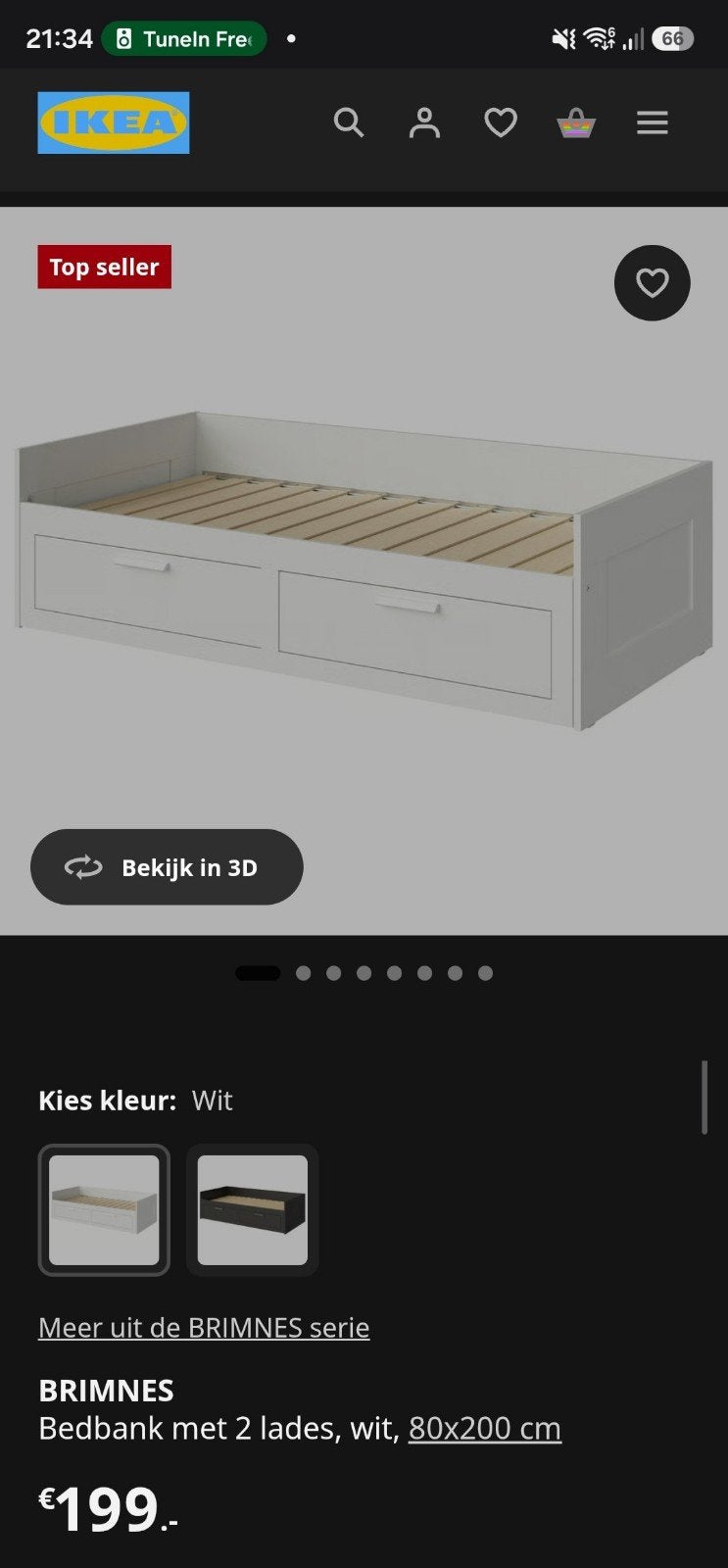 IKEA BRIMNES Bedbank met 2 lades, wit, 80x200 cm, Ophalen, Gebruikt, Eenpersoons, Wit