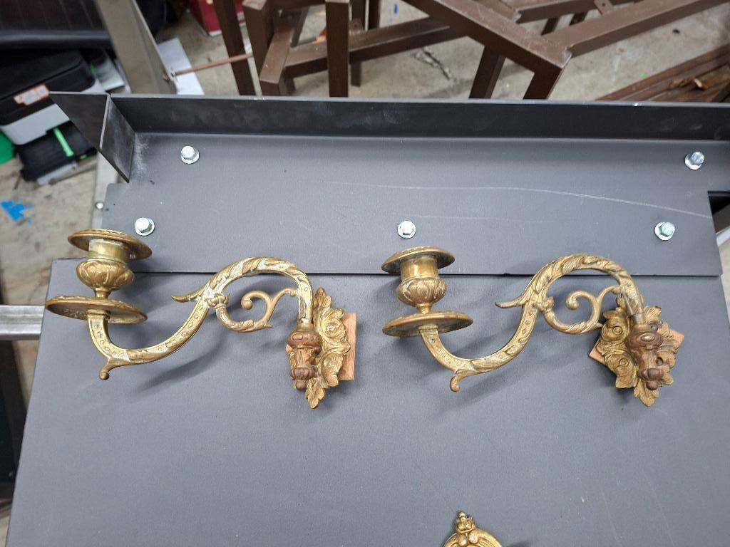 antieke set piano wand schamel kandelaars messing 1831, Ophalen of Verzenden, Koper of Brons
