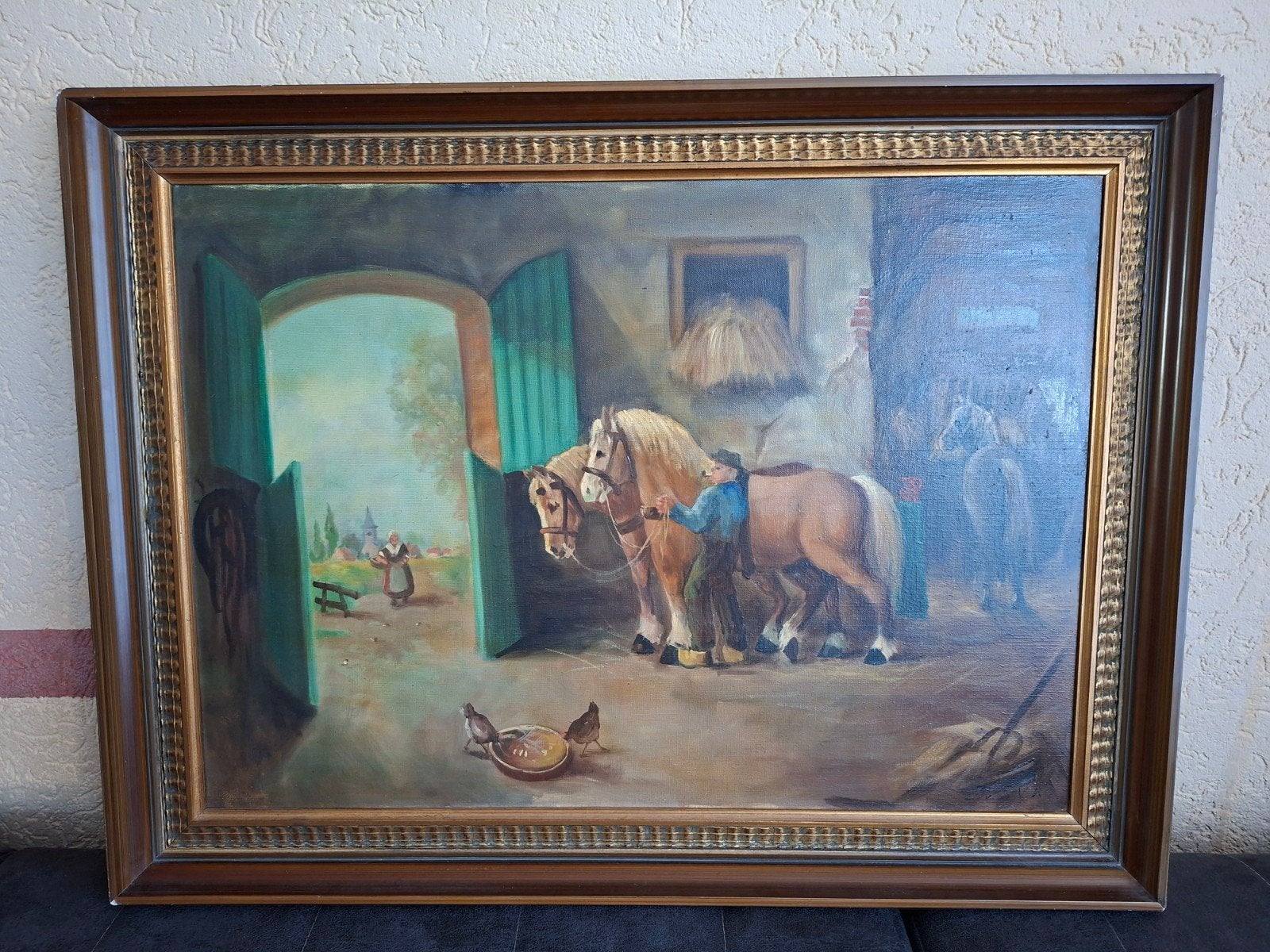 antiek schilderij Paarden in de stal (J. v. Eyk -ca 1920), Antiek en Kunst, Kunst | Schilderijen | Klassiek, Ophalen