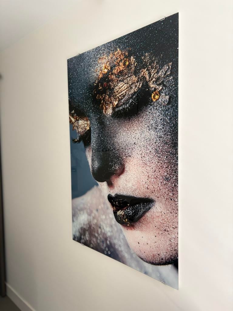 Glasschilderij Vrouw met Goud en Glitter 120x80cm, Ophalen