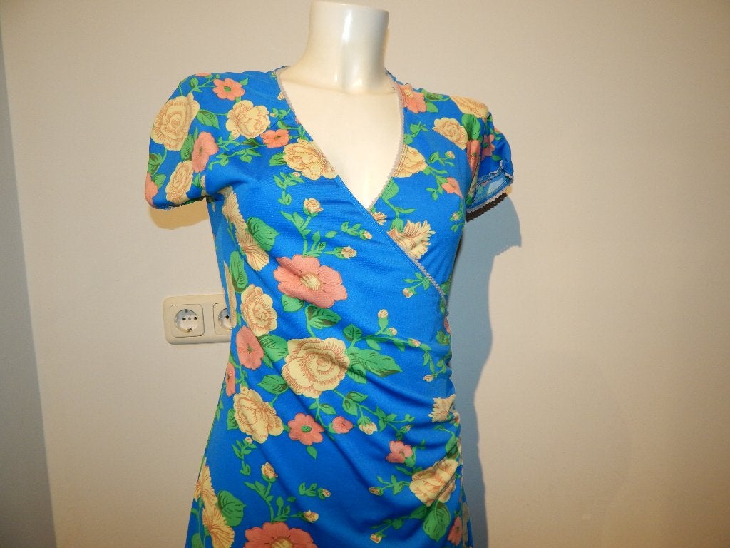 King Louie stretch jurk hemels blauw bloemen print kleur M, Maat 38/40 (M), Zo goed als nieuw, Knielengte, King Louie